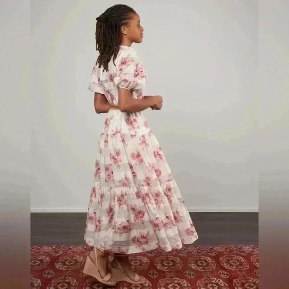 Zimmermann Rosa Midi Dress 2 US 8 M Silk Cotton Floral Stripe Tiered Belted Maxi - Picture 3 of 16